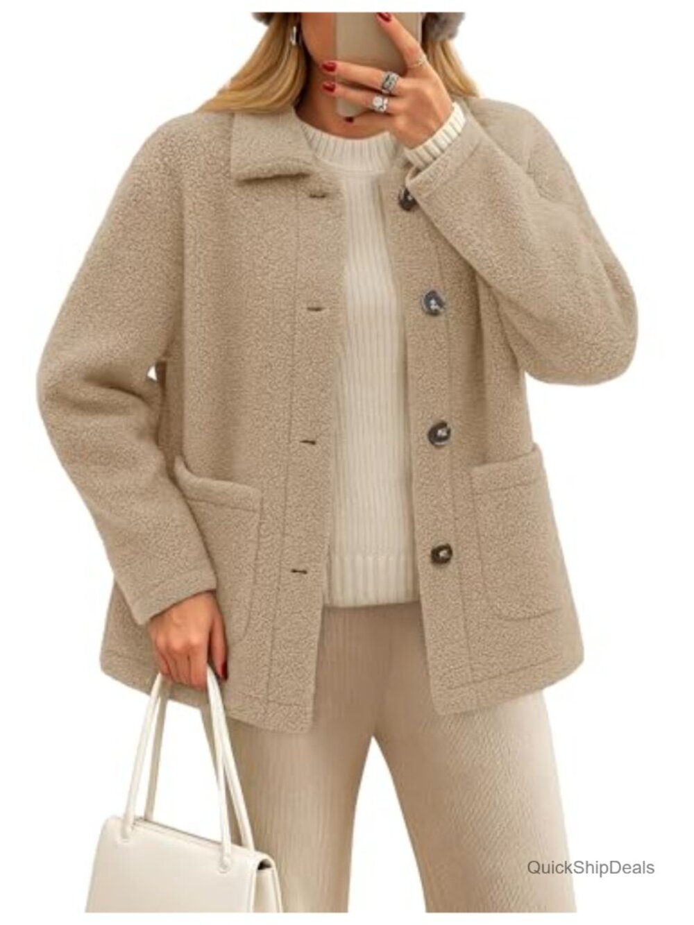 Womens Fleece Button Down Sherpa Teddy Coat Fuzzy Outerwear